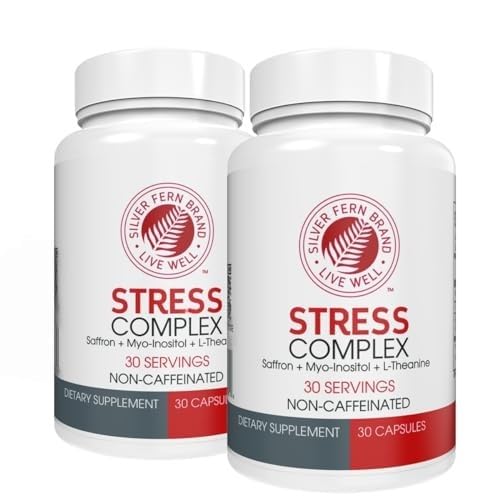 Supplément complexe de stress de la fougère d'argent - Sans caféine - Sommeil, inquiétude, humeur et plus - avec suppléments de safran, supplément de L-Theanine, et Myo-inositol - supplément de stress naturel (paquet de 2)