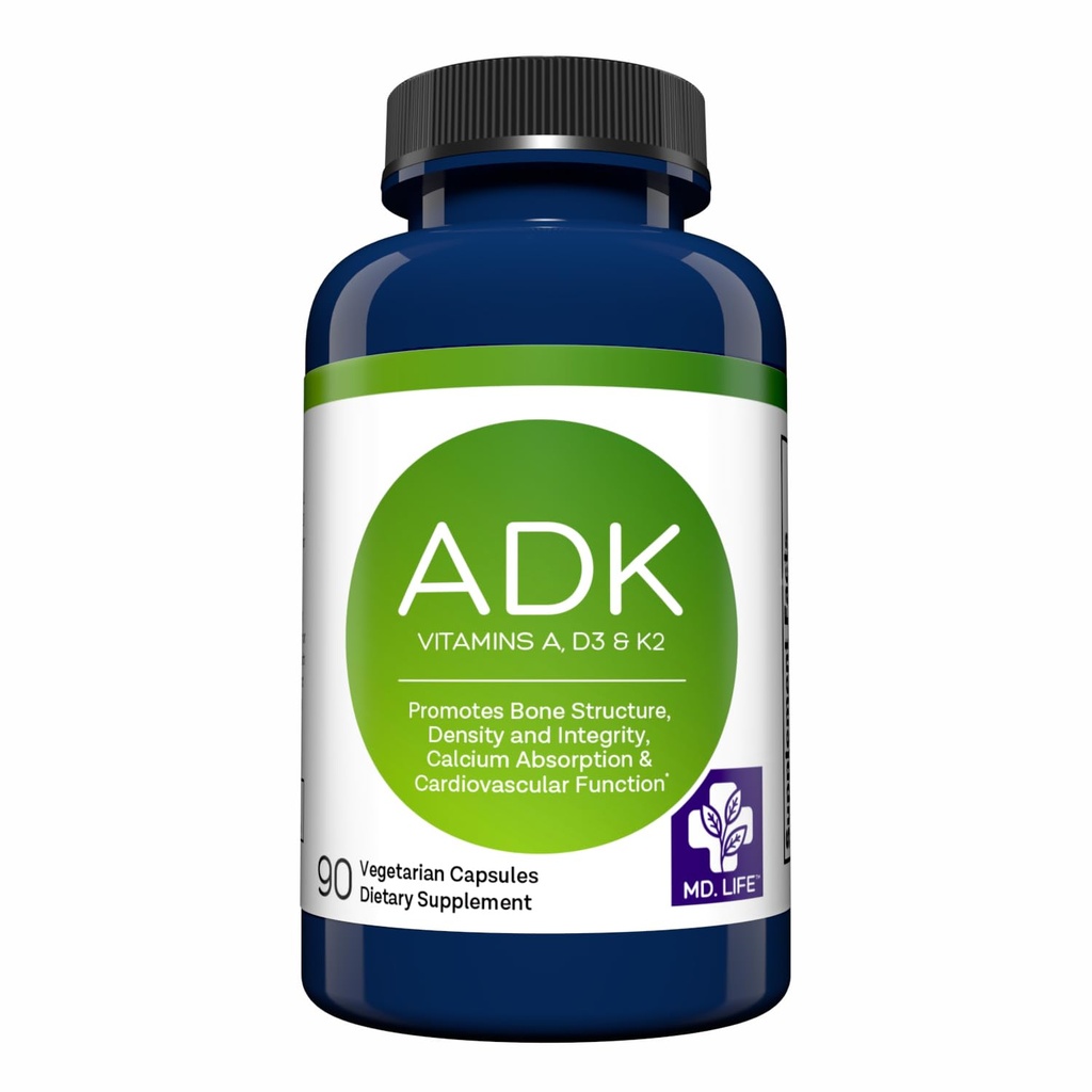Supplément de vitamine MD.LIFE ADK – Vitamine D3 K2 et un complexe – 120 capsules – Vitamine ADK haute puissance pour le soutien de la santé des os et du coeur