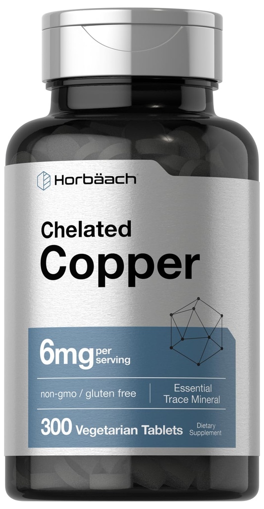 Horbäach Chelat Kupfer Supplement 6mg | 300 Tabletten | Essential Trace Mineral | Vegetarisch, Non-GMO, Glutenfrei