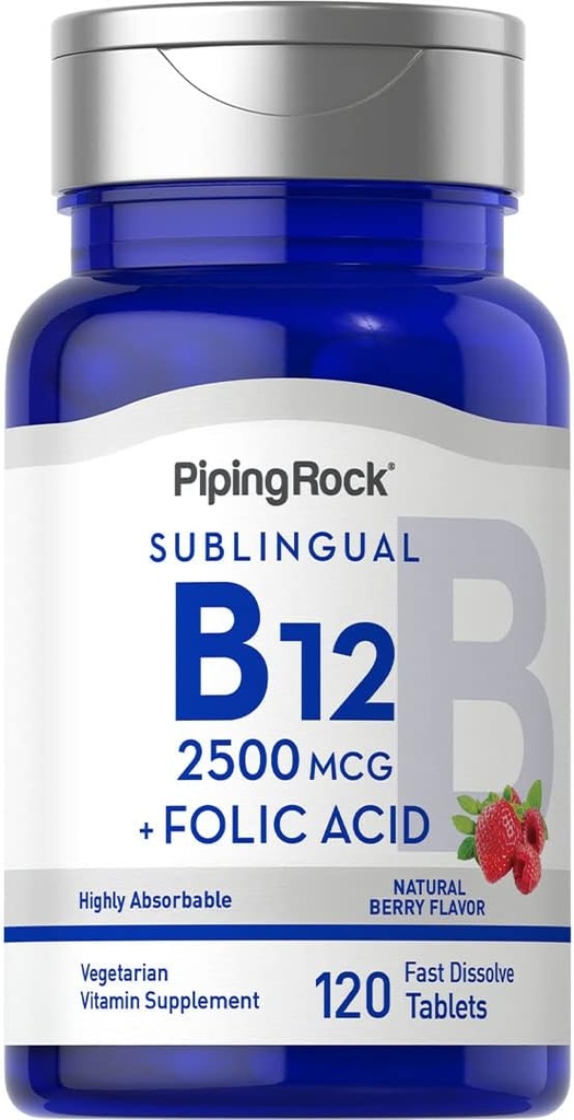 Piping Rock Vitamin B12 Sublingual | 2500 mcg | 120 Tabletten | mit Folsäure | Beilage für Frauen und Männer | Berry Flavor | Vegetarisch, Non-GMO, Glutenfrei