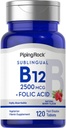 Piping Rock Vitamin B12 Sublingual | 2500 mcg | 120 Tabletten | mit Folsäure | Beilage für Frauen und Männer | Berry Flavor | Vegetarisch, Non-GMO, Glutenfrei