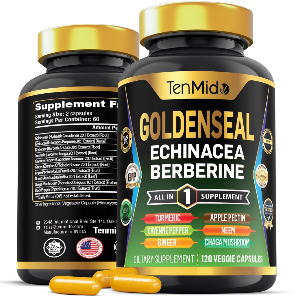 Goldenseal Root Supplement - 10in1 Formel - Kombinieren Sie mit Echinacea, Berberine, Turmeric, Cayenne Pepper, Ginger, Apple Pectin, Neem, & More - Verdauungshilfe - 120 Kapseln