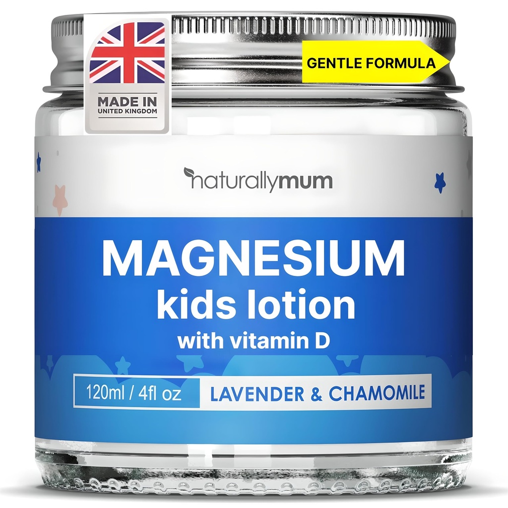 NaturellementMum Enfants Magnésium Lotion d'heure de lit avec vitamine D. Support pour le sommeil, le coeur, les os, la nerve, le gut et la santé musculaire.