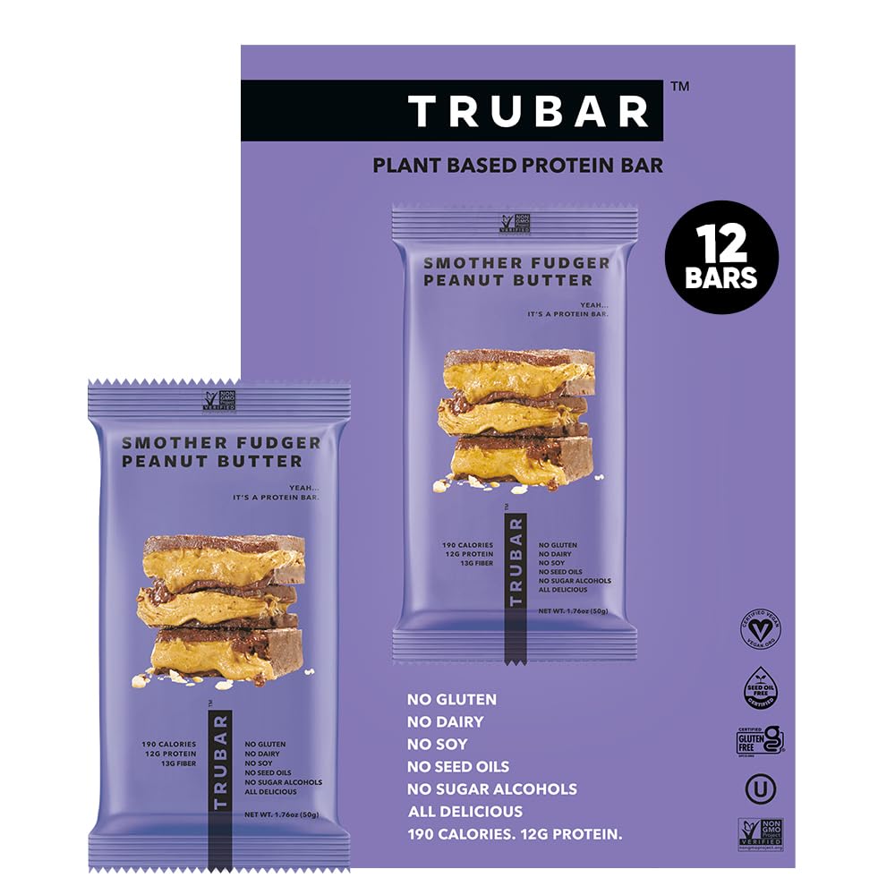 TRUBAR Barres de protéines végétales - Beurre d'arachide Fudger, sans soja, sans lait, sans gluten Barres de protéines - Pas d'alcools sucrés - Non-OGM - 12g de protéines - 12 Nombre