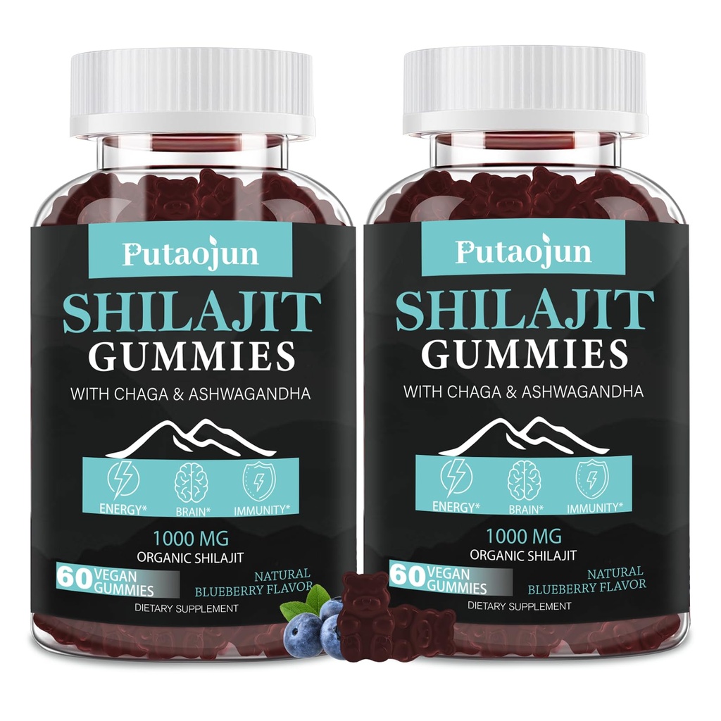 Gummies Shilajit pour homme et femme. Himalayan Gold Shilajit Gummies. 3rd Party Tested.1000mg Pure Shilajit, 200mg Ashwagandha, 200mg Chaga,100mg Ginseng,100mg Saw Palmatto, 60mg Huile de graines noires
