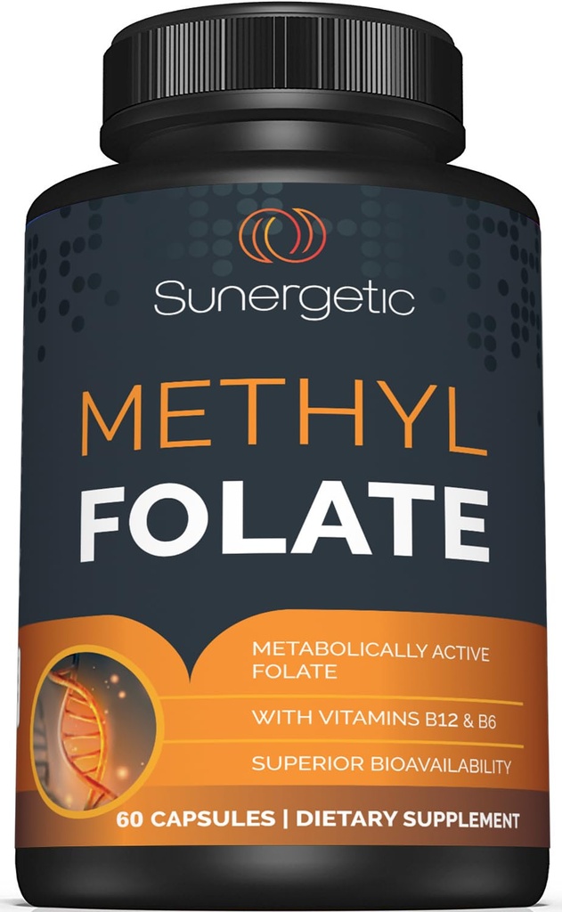 Sunergetic Premium Methyl Folate Supplement – mit methyliertem Vitamin B12 und Vitamin B6 – Metabolisch aktives Folat als Magnafolat - Methylfolate 400 mcg pro Kapsel – 60 Kapseln