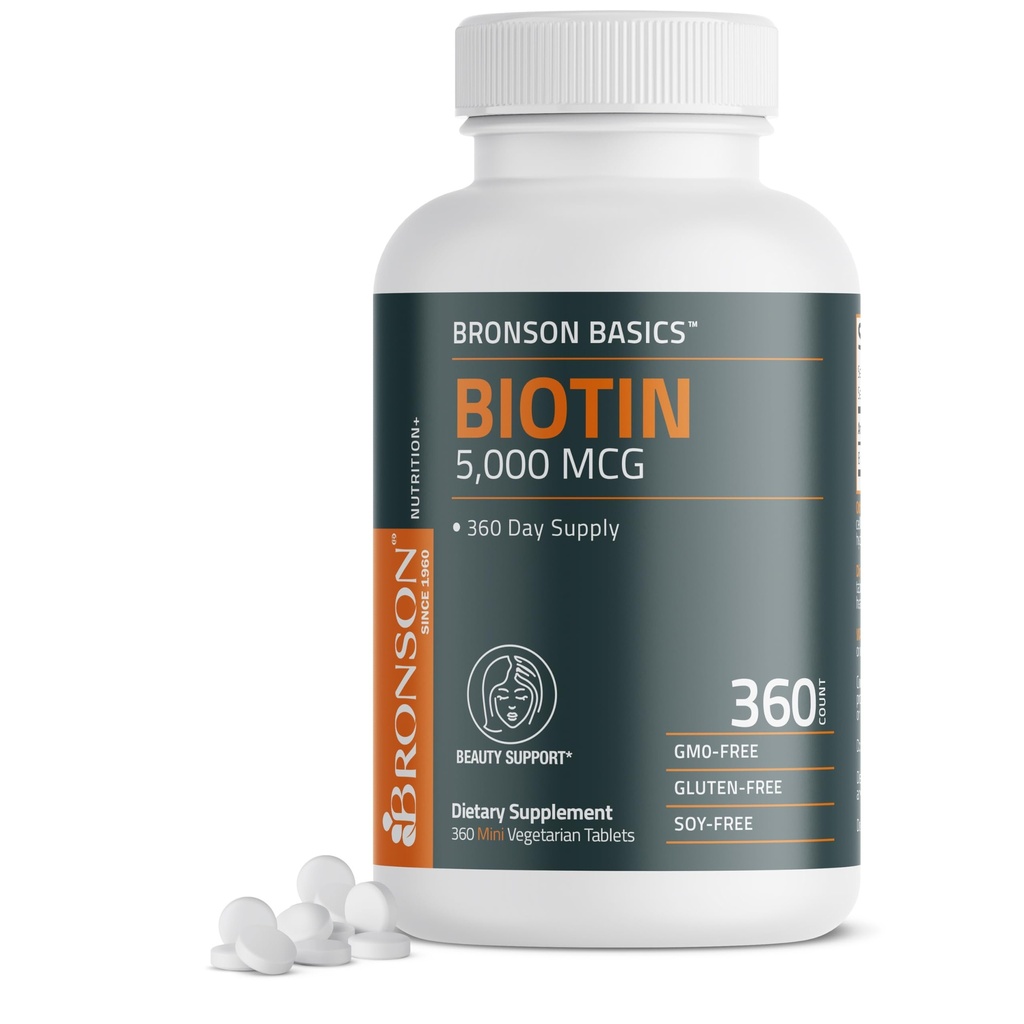 Bronson Biotin 5.000 MCG unterstützt gesundes Haar, Haut & Nägel & Energieproduktion - High Potency Beauty Support - Nicht-GVO, 360 Vegetarische Tabletten
