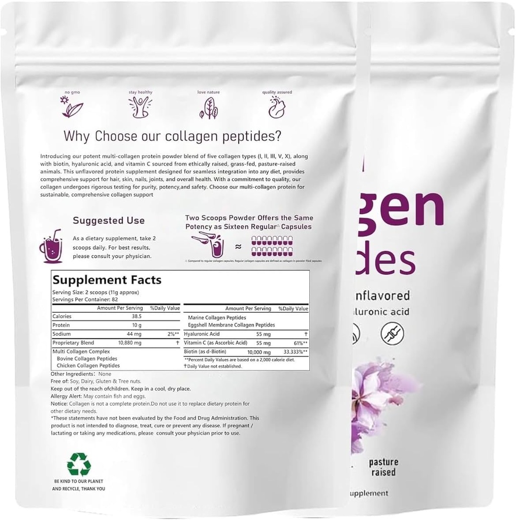 Multi Collagen Peptide, Typ I, II, III, V, X, Unflavored, 1 lb (453,6 g), mit Biotin, Vitamin C, Hyaluronsäure, Grass-Fed, Weide-Raised