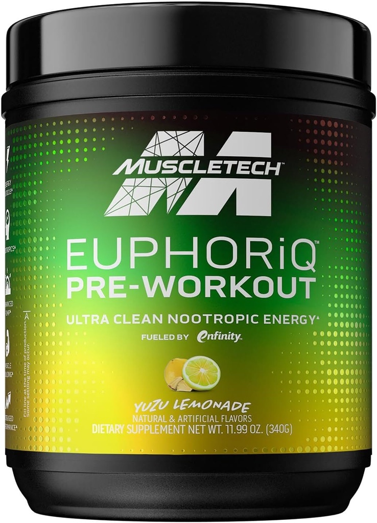 Pre Workout Powder MuscleTech EuphoriQ PreWorkout Smart Pre Workout Pulver für Männer und Frauen Koffein Metabolit mit Paraxanthine Yuzu Lemonade (20 Servierungen)