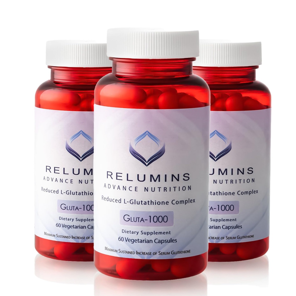 Relumins Advance Nutrition Gluta 1000 - Diminution du L-glutathion, de l'acide lipoïque alpha et du HIPS de Rose - Antioxydants pour la peau et le bien-être général - 60 gélules x 3 bouteilles (90 jours d'approvisionnement)
