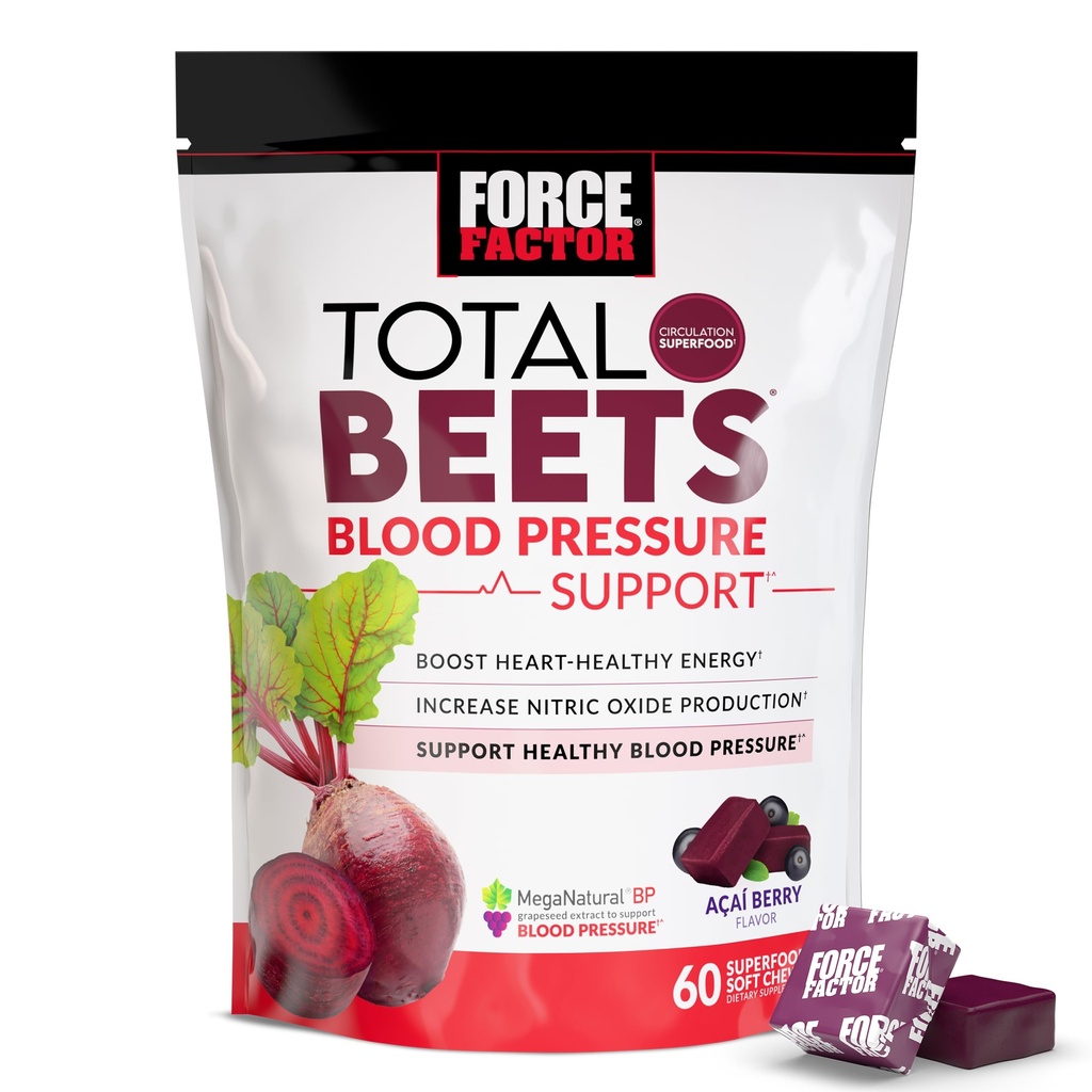 Force Factor Total Beets Blutdruckunterstützung Ergänzungen mit Rübenpulver, Great-Tasting Beets Chewables für Herz-Gesundheit Energie, und Erhöhte Stickstoffoxid, 60 Chews