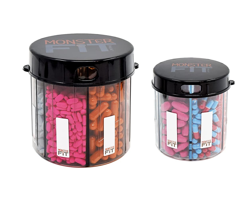 Monster & Monster Jr Supplement Medikamente Pillenspender 2 Pack mit Etiketten, extra große und kleine Säule Container Flaschen Handle Fast jede Ergänzung, einfach zu verzichten (Monster & Monster Jr.)
