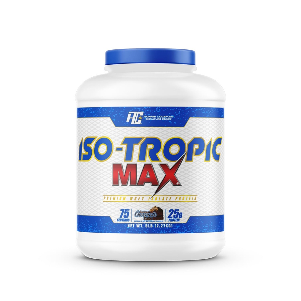 Ronnie Coleman 5lbs Chocolat Whey Isolate Protéines Poudre de 25g Protéines avec 75 portions de chocolat allemand Cake pré-entraînement en poudre pour les hommes et les femmes, faible supplément de sucre pour le soutien musculaire maigre