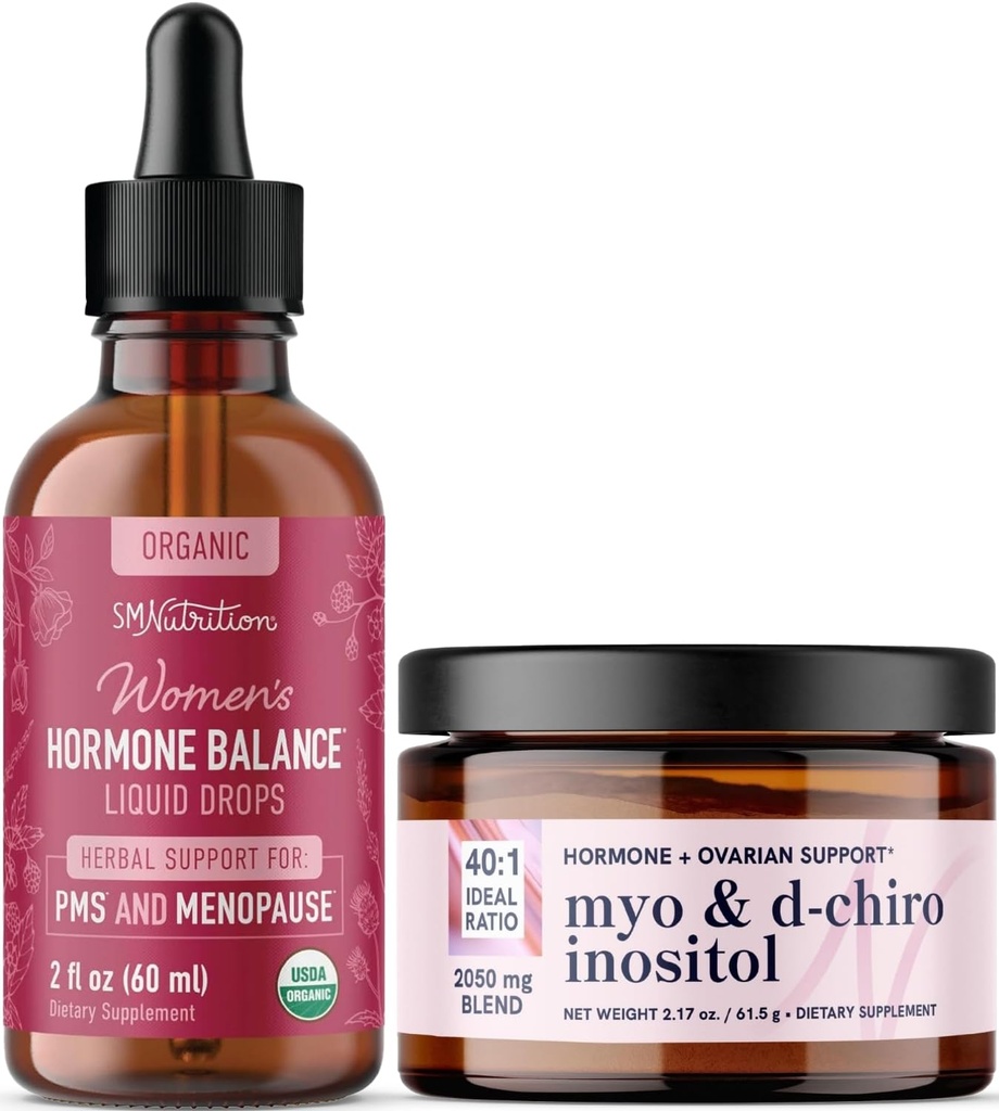 Myo-Inositol Powder Complex & Herbal Hormon Balance Tincture | Hormon Balancing Bundle mit Myo-Inositol & D-Chiro (30 Servierungen) und PMS Menopause & Menstrual Support Liquid (60 Servierungen)