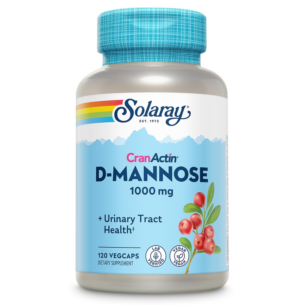 SOLARAY D-Mannose 1000mg mit CranActin Cranberry Extrakt - D Mannose und Cranberry Supplement mit Vitamin C - Unterstützt Urinary Tract Health - Vegan, 60-Tage Garantie