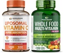 Ganzes Wellness Liposomal Vitamin C Kapseln (200 Tabletten 1500mg Gepuffert) Hohe Absorption VIT C + Ganzes Lebensmittel Multivitamin für Frauen - Natürliche Multi Vitamine, Mineralien, Bio-Extrakte Bundle