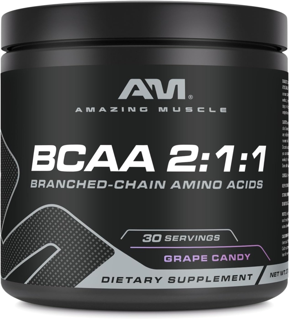 Erstaunliche Muskel BCAA 2:1:1 | 30 Servierungen | Natürliche Geschmack | 315 Gramm Pulver | Verzweigte Kette Aminosäuren Supplement | Made in USA (30 Servierungen, Trauben Candy)