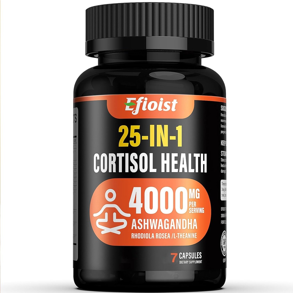 Supplément de cortisol santé, 25-en-1 Réducteur de cortisol pour les femmes et les hommes, Suppléments de cortisol pour Ashwagandha, Rhodiola Rosea, L-Theanine, 7 Capsules