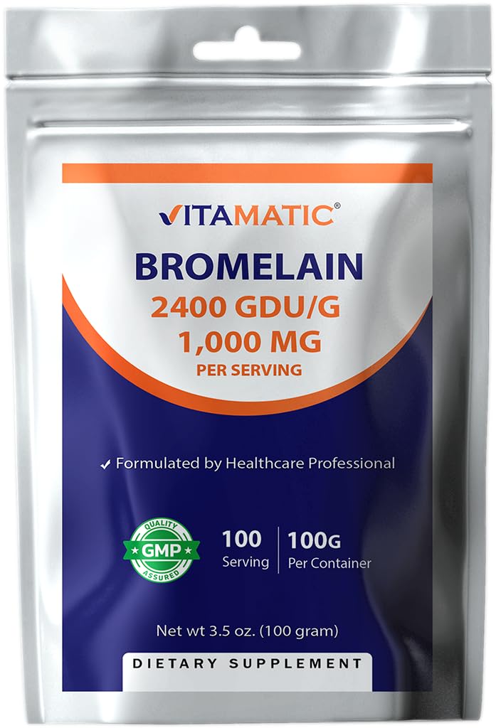 Vitamatic Bromelain Powder 1000mg pro Servierung - 2400 GDU/g, Proteolytische Enzyme, unterstützt Verdauung von Proteinen, 100 Gramm - 100 Servierungen (Scoop Included)