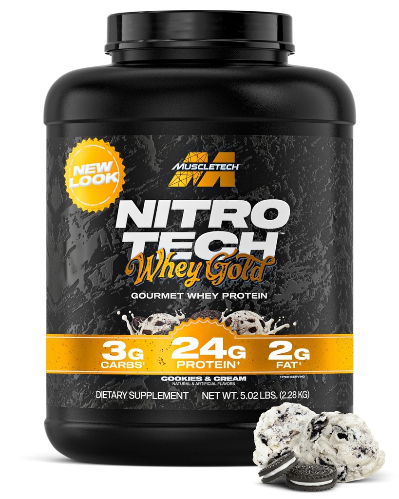 Muscletech Whey Protein Powder (Cookies & Cream, 5LB) - Nitro-Tech Whey Protein Isolate Smoothie Mix für Lean Muscle & Recovery - 24g Whey Gold Protein für Damen und Herren - Packaging May Vary