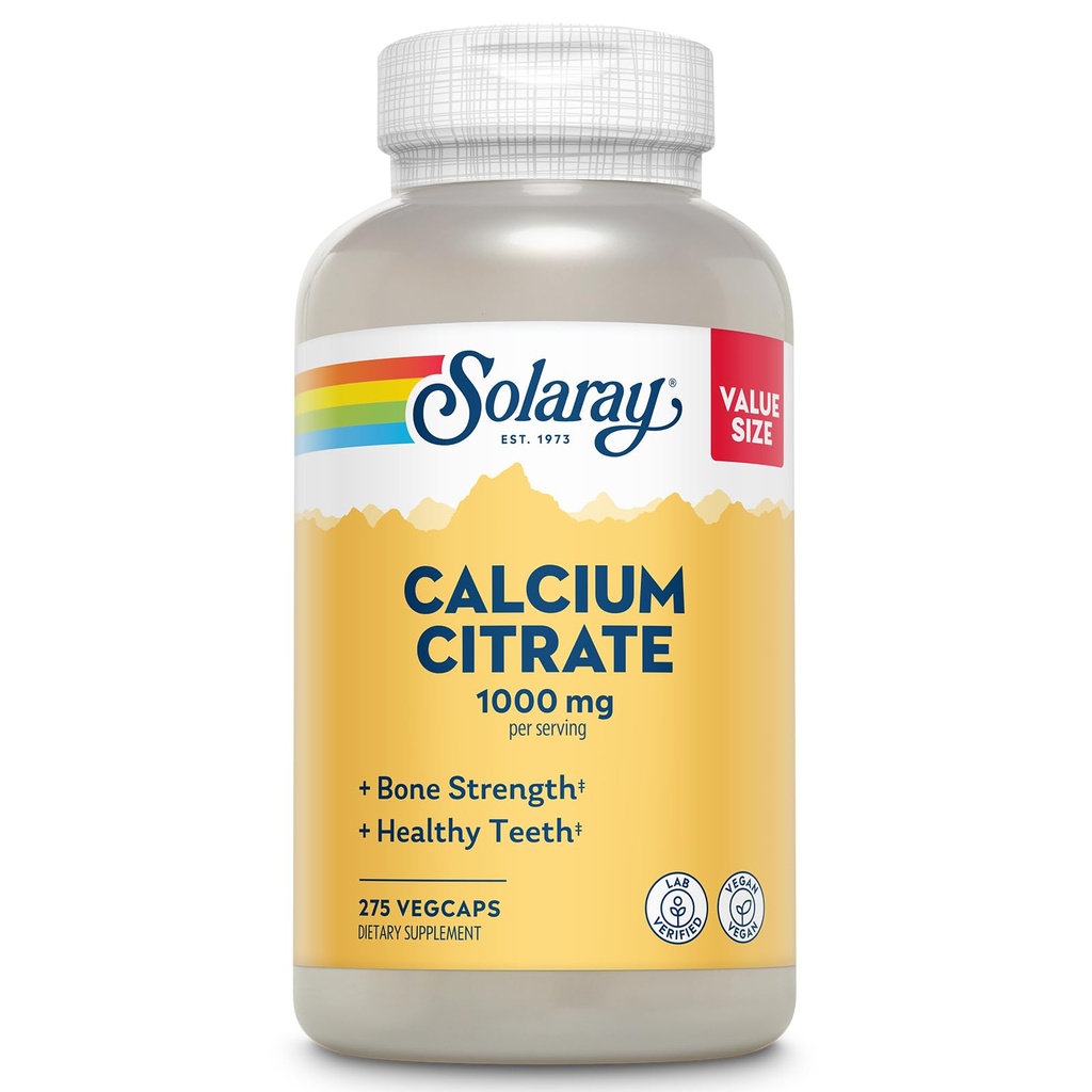 Solaray Citrate de calcium 1000mg - Supplément calcium chélaté - soutient la force osseuse et les dents saines - Facile à digérer - Garantie de 60 jours, Vegan - 68 portions, 275 VegCaps