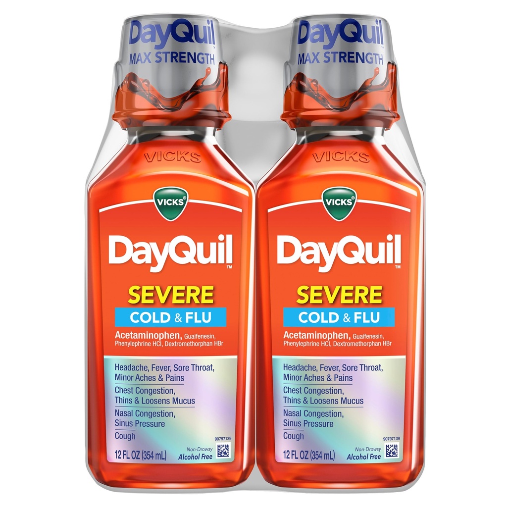 Vicks DayQuil Schwere kalte & Flu flüssige Medizin, Tagesentlastung für Kopfschmerzen, Fever, Sore Throat, Minor Aches & Pains, Chest Congestion, Stuffy Nose, Nasal Congestion, Sinus Pressure, & Cough, 2x12oz