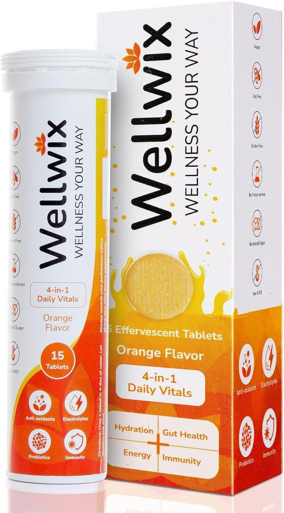 4-in-1 Daily Vitals for Wellness - Electrolytes, Immunity, Antioxidants and Probiotics. Vitamin C 1000 mg, Sodium 200 mg, Potassium 100 mg, Vitamin D3, B12 and More. Effervescent Tablets