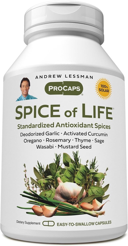 ANDREW LESSMAN Gewürz des Lebens 240 Kapseln - Acht wissenschaftlich begründete Extrakte, Konzentrate. Gesundheitsfördernde Gewürze. Knoblauch, Curcumin, Oregano, Rosmarin, Sage, Thyme, Senf Seed, Wasabi