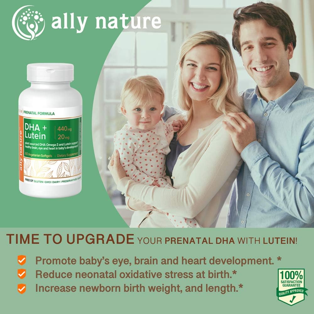 Vegan Prenatal DHA 440mg – Lutein 20mg für Schwangerschaft – Nicht-GMO Prenatal Multivitamin für schwangere Frauen- Unterstützung Gesundes Gehirn, Auge und Herz in der Baby-Entwicklung - 60 Softgels