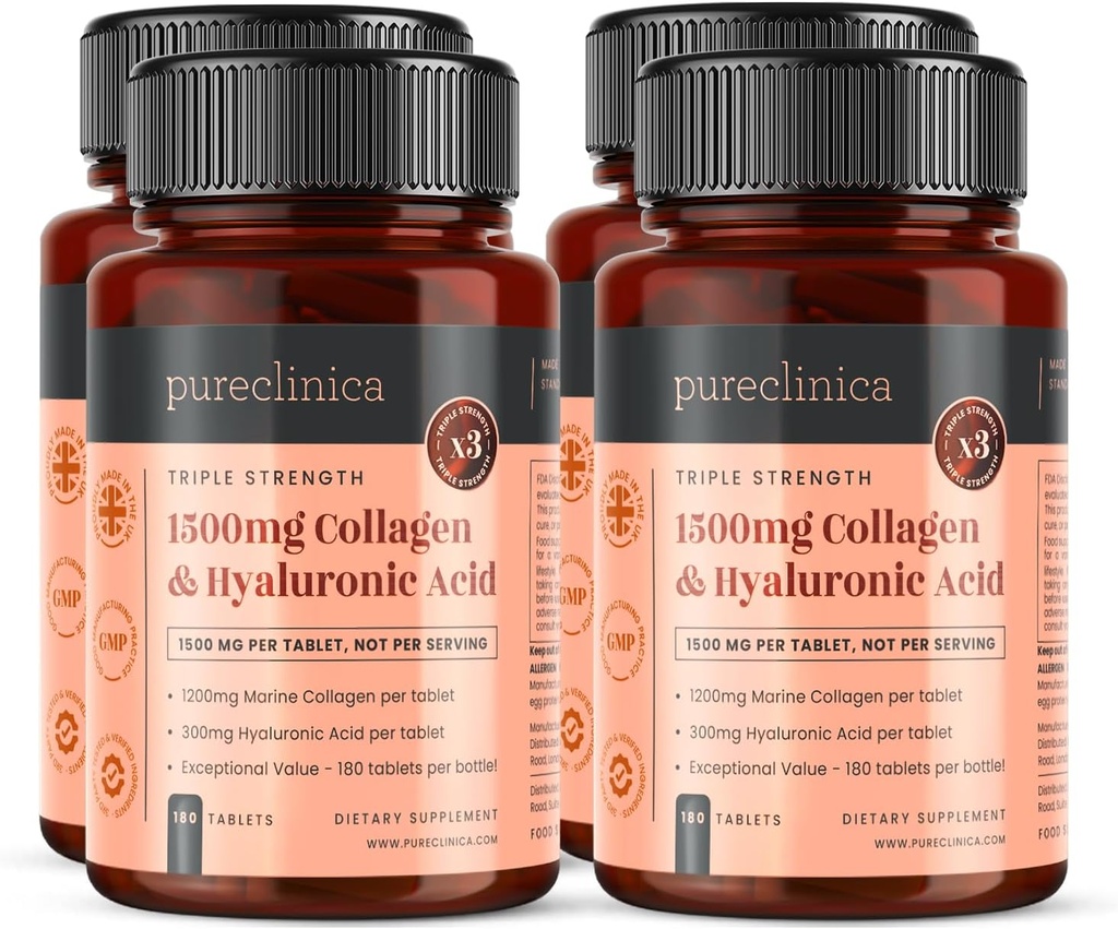 pureclinica Triple Strength Marine Collagen & Hyaluronsäure – 1500mg pro Tablet | 720 Tabletten (4 Flaschen von 180) | Unterstützt Haut, Gelenke & Hydration