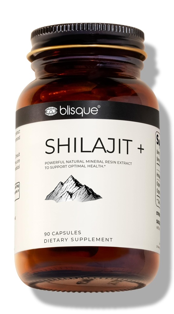 Blisque – Pure Himalayan Organic Shilajit Capsules d'extrait de résines authentiques et naturelles Contient de l'acide fulvic et des minéraux traces. 90 Capsules