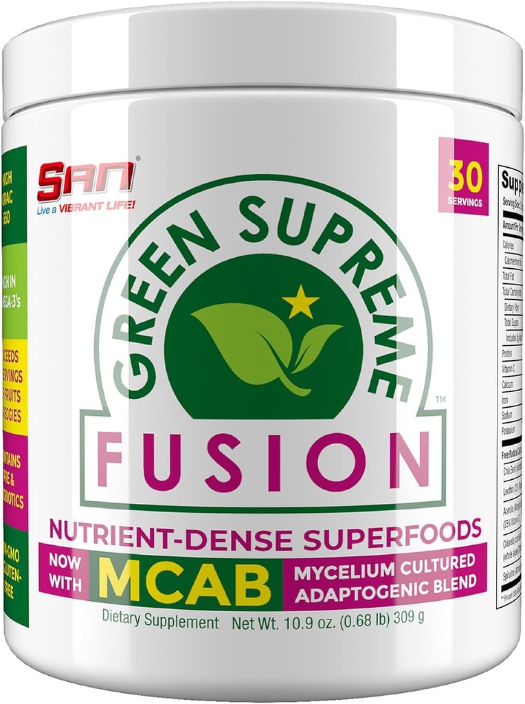 SAN Nutritions Green Supreme Fusion Blend Antioxidant: Super Greens Smoothie Mix mit Spirulina, Chlorella, Adaptogenic Pilze, 30 Portionen