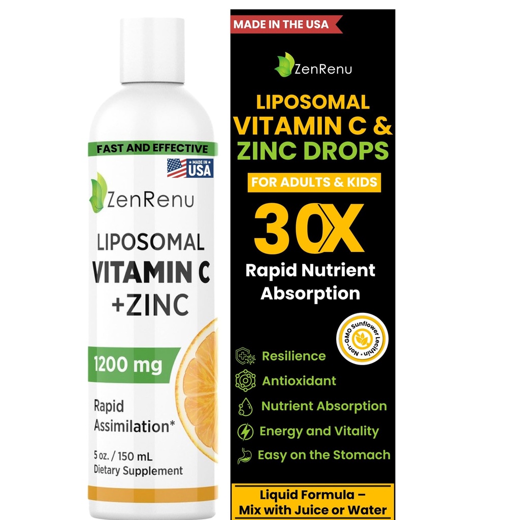 Zenrenu Liposomal Vitamin C und Zink flüssiges Getränk für Erwachsene & Kinder - Non GMO Sonnenblume Lecithin - Max Antioxidant & Immune Unterstützung, 5 oz / 150 ml