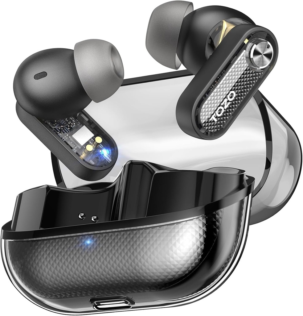 TOZO Crystal Pods Hybrid Active Noise Cancelling Wireless Earbuds, 10mm Treiber Deep Bass Stereo Sound, 4 Mics Smart ENC AI Calls, 32 EQ via App, Bluetooth 5.4 Kopfhörer, Crystal Case Design
