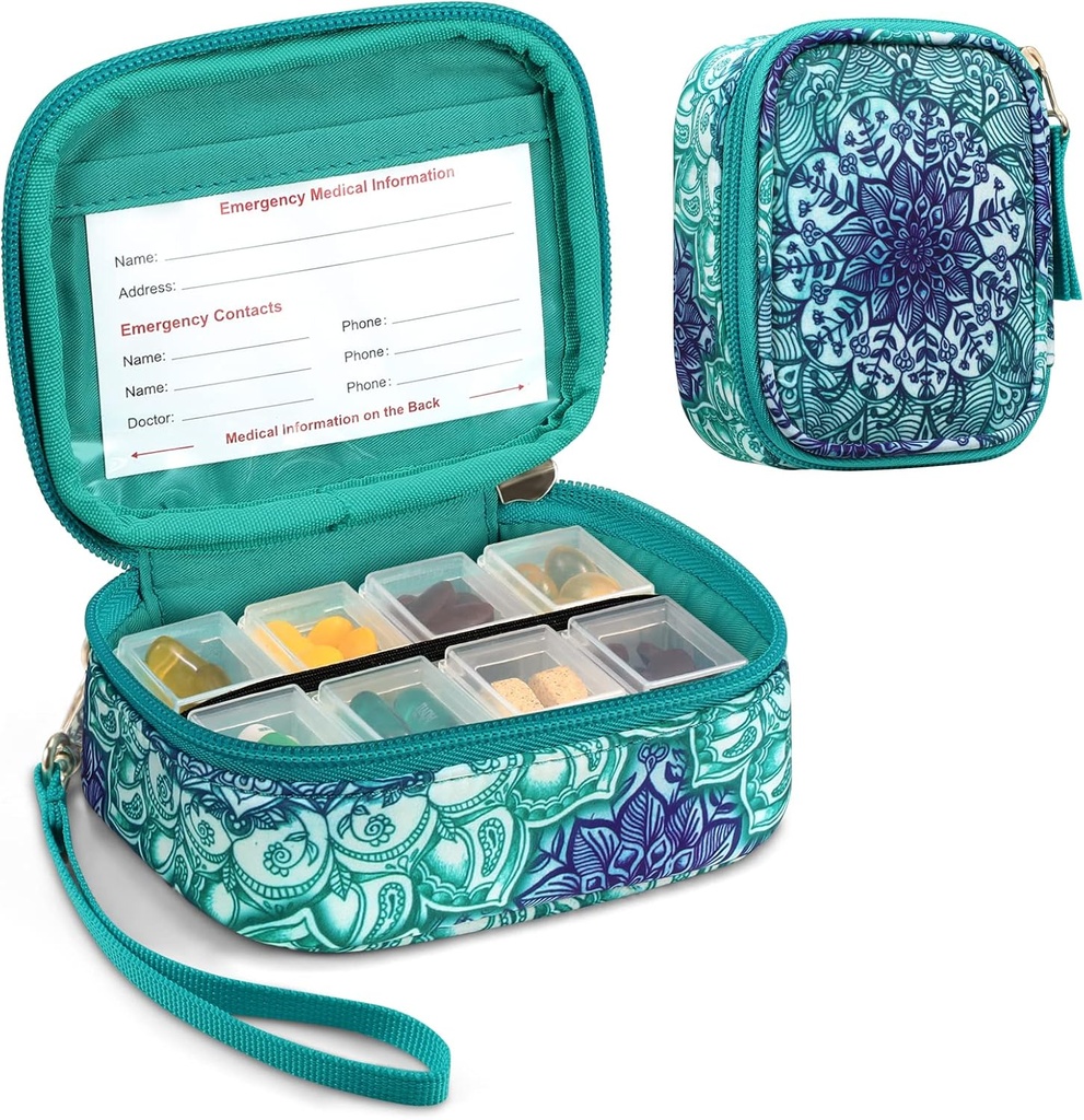 FINPAC Pill Organizers, 8 Compartments Travel Pill Case for Weekly 7 Days Medication Care, Compact & Cute Medicine Vitamin Dispenser and Holders (Emerald Illusions)