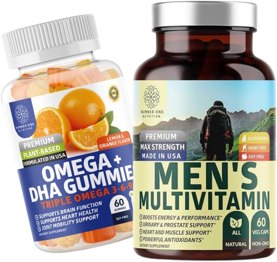Nutrition N1N Multivitamine quotidienne N1N Premium Homme [Vitamines A C E D, Magnésium, Zinc] et Oméga 3 6 9 + Gommies DHA [Vegan, base végétale], 2 paquets