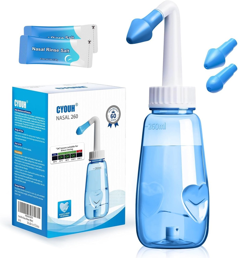 Neti Pot Sinus Rinse Bottle 260 ML with 60 Nasal Wash Salt Packets and Sticker Thermometer Nose Wash Cleaner Pressure Rinse Nasal Irrigation for Adult & Kid BPA Free (Blue)