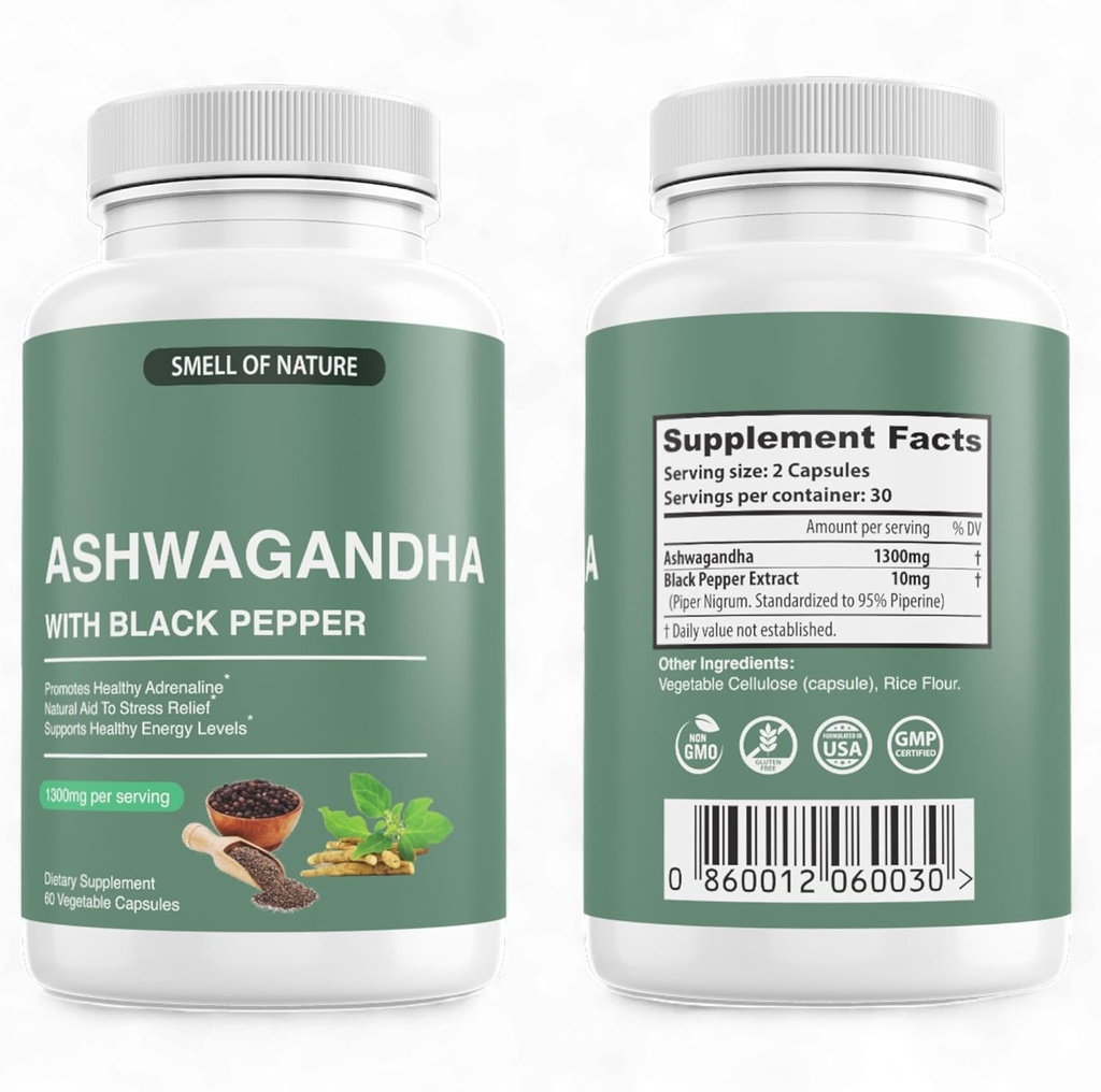 Nature’s Smell Organic Ashwagandha Ergänzungen mit schwarzem Pfeffer Extrakt - 1300mg Pure Ashwagandha Extract - Energieunterstützung - Non-GMO, Gluten-Free, Vegan - 60 Kapseln