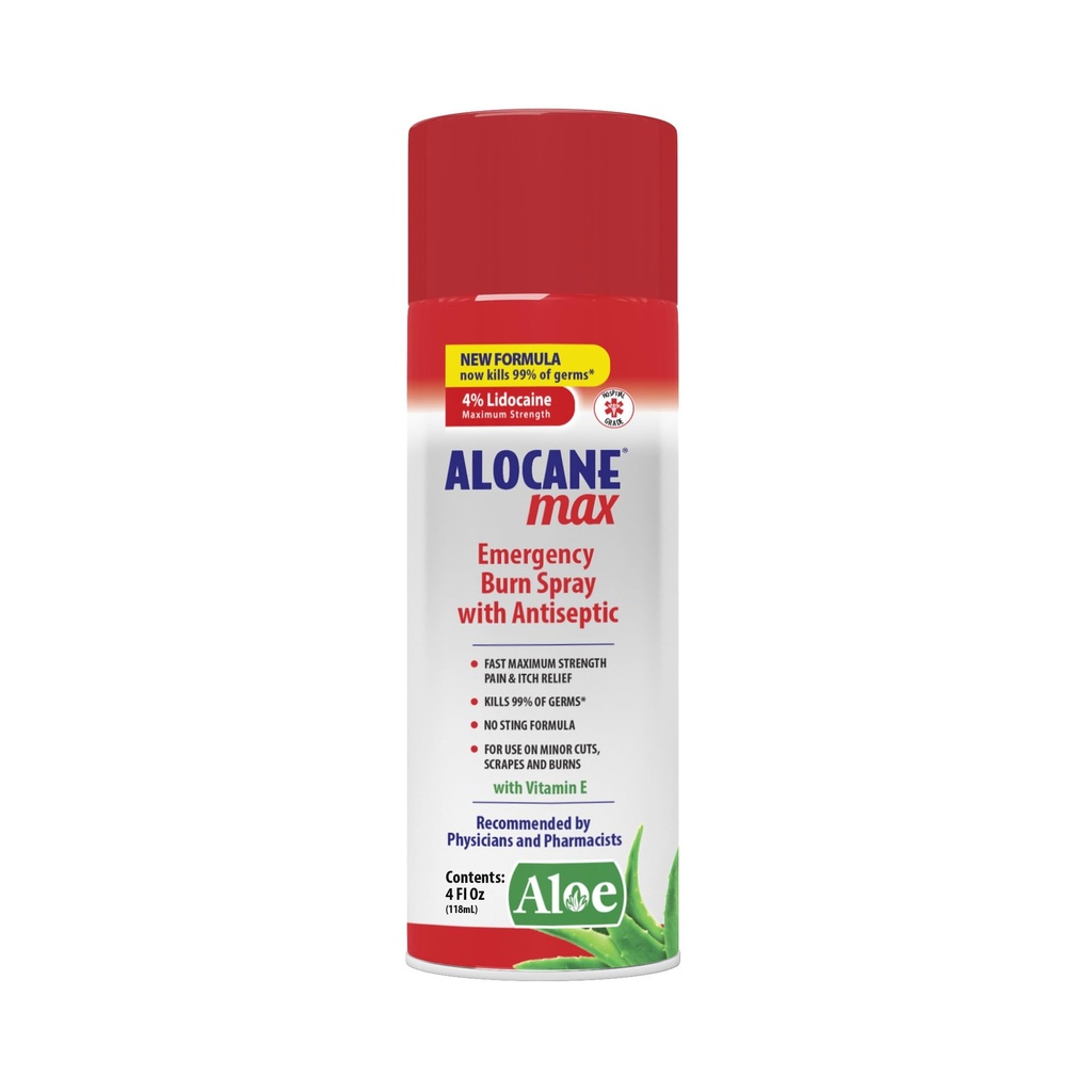 ALOCANE Emergency Burn Spray, 4% Lidocaine Max Strength Fast Pain Itch Relief für Minor Burns, Sunburn, Küche Erste Hilfe Behandlung Burn Care, 4 Fl Oz