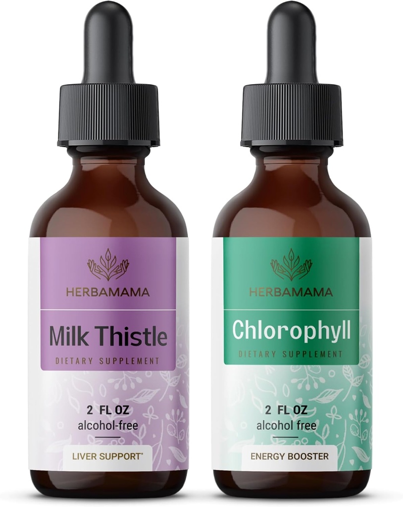 HERBAMA Kräuter-Flüssigtropfen-Kit - Bundle Milchdistel-Extrakt 2 fl oz und flüssige Chlorophyll 2 fl oz - Vegan-Zusatz-Flüssig-Extrakt - Non GMO, Zucker & Alkoholfrei - 2 Pack
