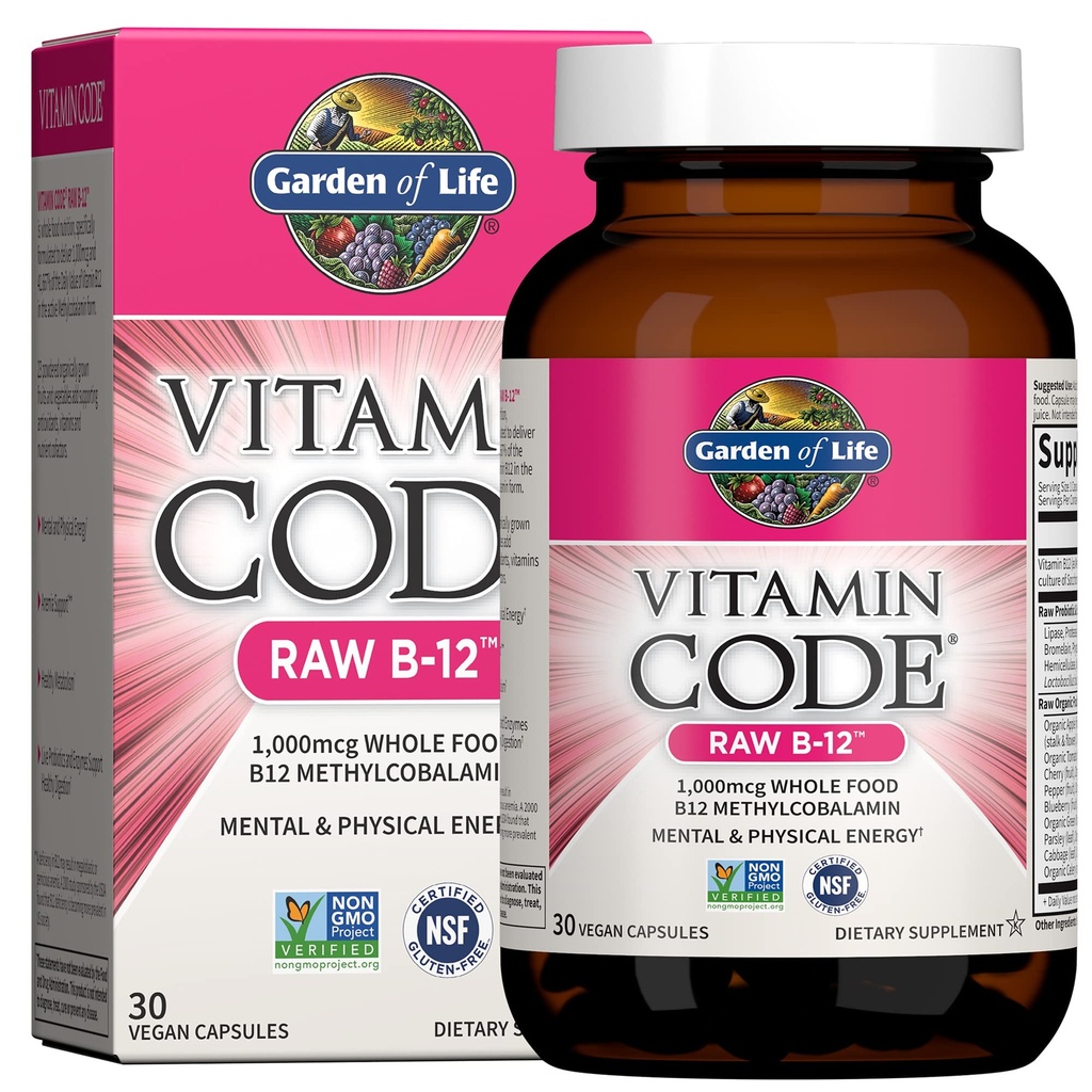Garten des Lebens Vitamin-Code Raw B-12-30 Kapseln, 1000mcg Ganzes Essen B12 Methylcobalamin für Energie, Vegan Methylcobalamin Vitamin Plus Probiotics und Enzyme, Glutenfreie Ergänzungen