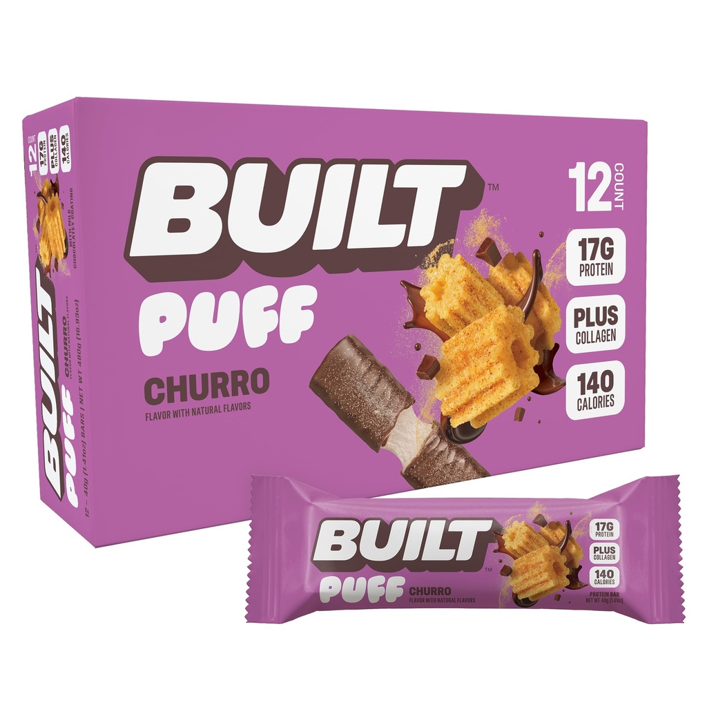 Erbaute Bar, Puff Protein Bars, Churro Puff, 17g Protein Snacks, On-The-Go Bars, Nur 140 Kalorien & 6g Zucker, Kollagen, Glutenfrei, 12 Zähler