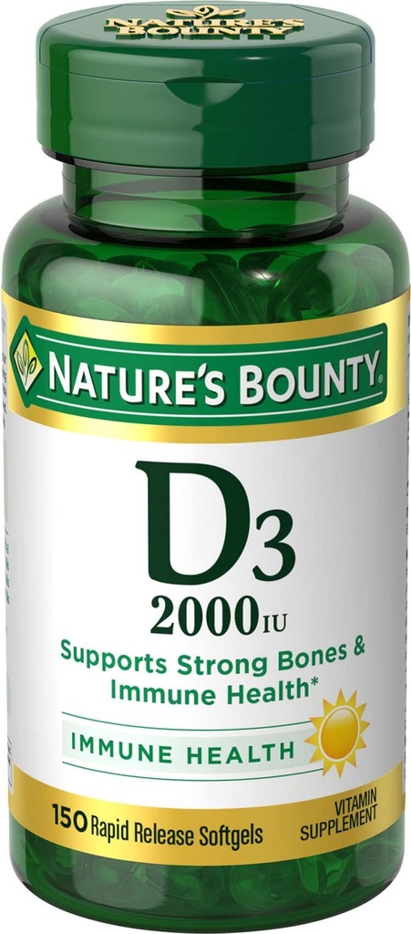 Nature's Bounty Vitamin D, unterstützt Immungesundheit und Knochengesundheit, 2000IU Vitamin D3, 150 Softgels