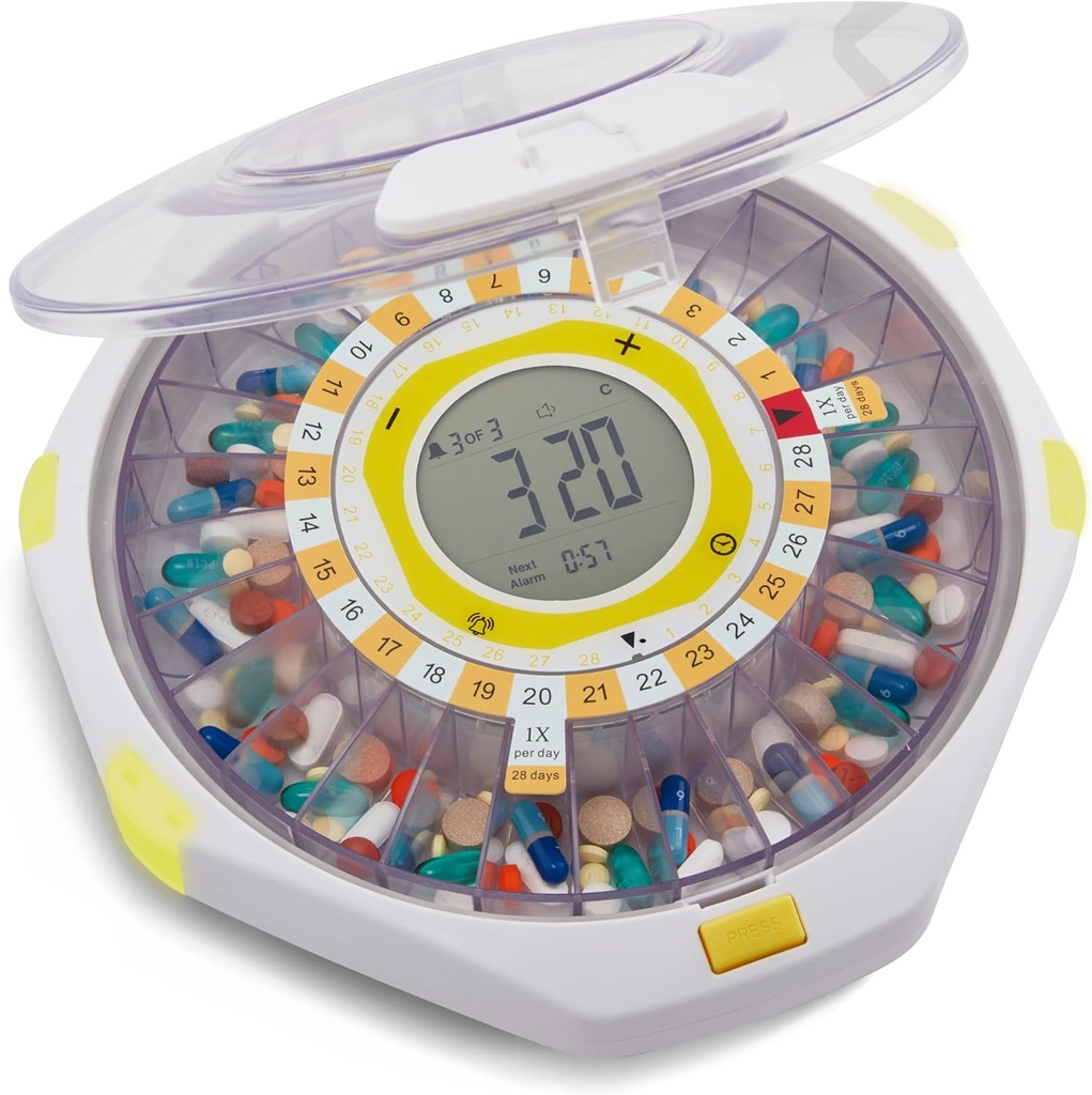 LiveFine Bluetooth Automatische Pillenspender, 28-Tage-Kapazität, Sound & Licht-Alerts, Schlüsselschloss, LCD &amp; Easy Setup auf der LiveFine App für Rezepte, Medikamente, Vitamine & Supplements - Klare Lid