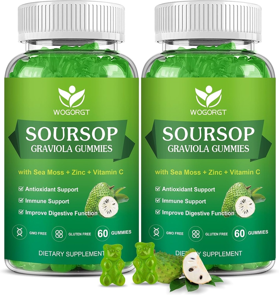 Soursop Graviola Gummis mit Sea Moss Extract - Antioxidant, Zellunterstützung & Regeneration, Immununterstützung, Soursop Gummy mit Sea Moss, Vitamin C & Zink, Apfel Geschmack - 60 Gummis(2 Pack)