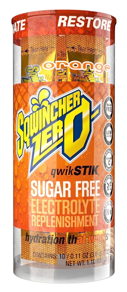 Sqwincher Zero Qwik Stik, Orange, Sugar Free, Low Calorie, Low Sodium Electrolyte Powder Hydration Drink Mix, .11 oz Packet (Pack mit 200)