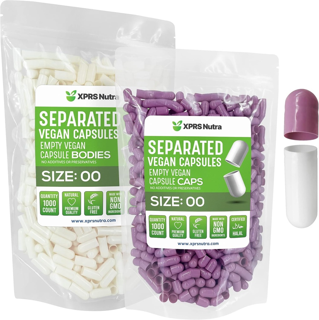 XPRS Nutra Vegan Size 00 Separated Capsules - 1000 Count Premium Empty Capsules Separated in Bags - 00 Pills Empty for DIY Supplement Filling (Lavender/White)