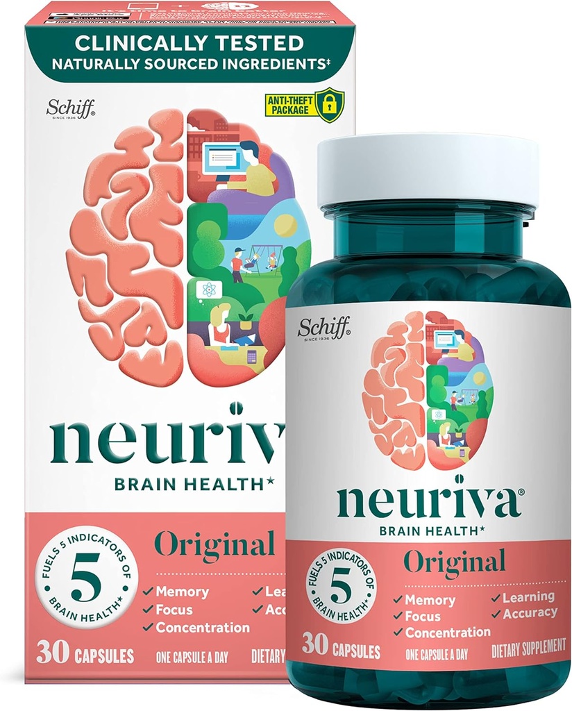 NEURIVA Supplément Cerveau d'origine pour la mémoire, la concentration et la concentration + Apprentissage et exactitude avec Nootropics Phosphatidylsérine et neurofactor, sans caféine, 30ct Capsules