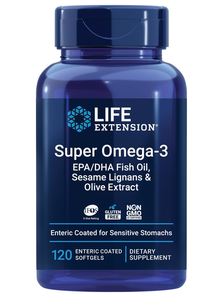 Extension de vie Super Omega-3 EPA/DHA Huile de poisson, sésame Lignans et extrait d'olive – Santé du coeur, Santé du cerveau, Inflammation Soutien de la santé, sans gluten, entériques, non OGM, 120 Softgels