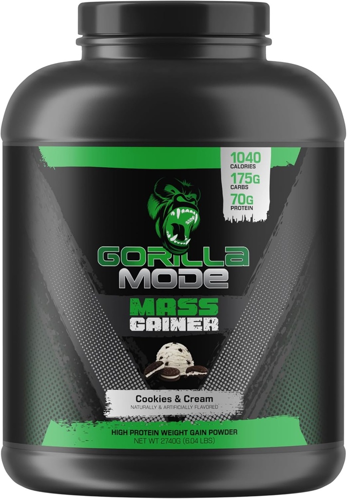 Gorilla Mind Mass Gainer (Cookies & Cream) – 70g Protéines – 1040 Calories – 175g Carbes – Poudre de gain de poids à haute teneur en protéines
